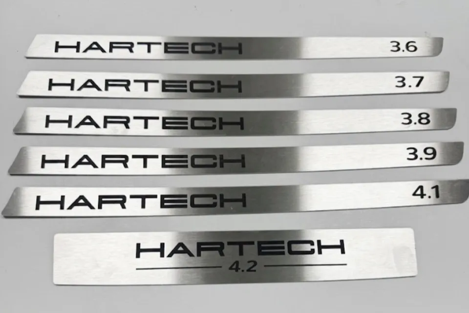 Six brushed-aluminium Hartech airbox plaques marked 3.6, 3.7, 3.8, 3.9, 4.1 and 4.2.