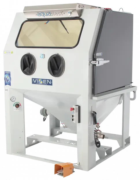 Vixen Aquablast wet-blasting cabinet installed at Hartech for cleaning engine components